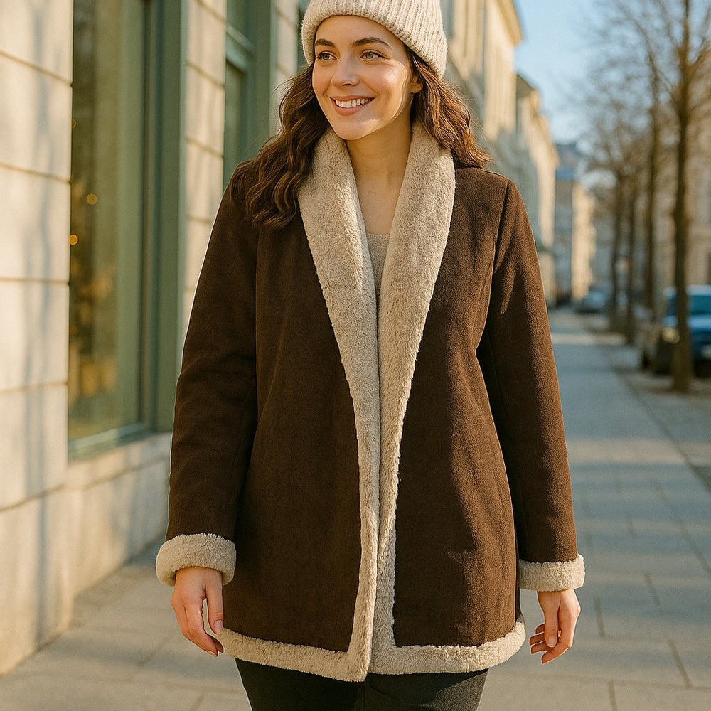 Kial Brown Open Front Cozy Plush Jacket Suede-Look Soft Coat - Picture 5 of 7